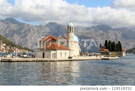 The beautiful panoramic view of the ancient church of Our Lady of the Rocks in Perast, Montenegro. 129510352