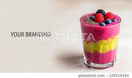 A vibrant layered smoothie with pink, yellow, and pink sections in a glass, topped with berries and seeds. Text on the left side reads "YOUR BRANDING." 129510384