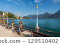 village Sankt Wolfgang waterfront embankment at lake Wolfgangsee, Austria 129510402