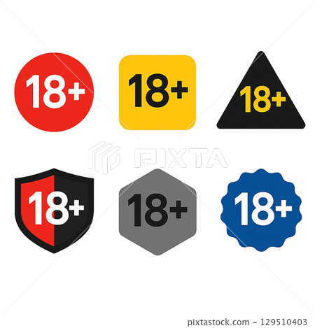 A set of 18+ restriction icons in a variety of shapes and designs 129510403