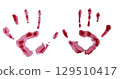 Two red bloody handprints on a white background reminiscent of blood or ink, perfect for horror themes, Halloween or dramatic visual design.  129510417