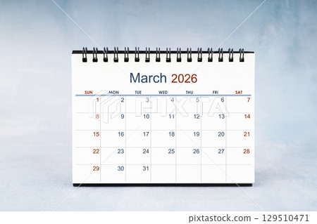 March 2026 Monthly desk calendar on vintage wall, Front view. 129510471