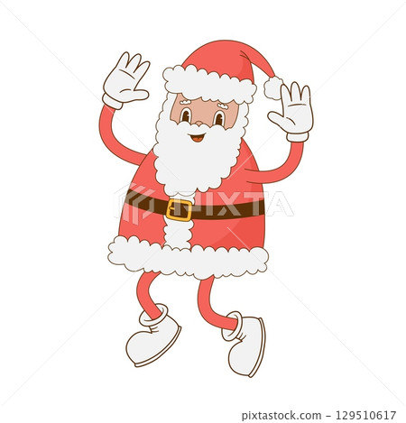 Jumping Santa Claus character vector illustration. Retro cartoon mascot. Christmas, Happy New year greeting card Jumping Santa Claus character vector illustration. Retro cartoon mascot. Christmas, Happy New year greeting card 129510617