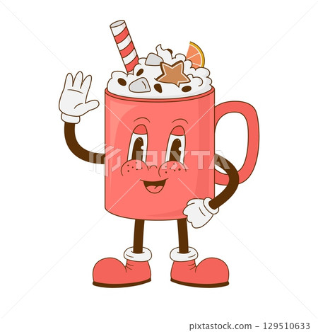Retro cartoon hot chocolate character vector illustration. Vintage cappuccino mascot. Christmas, Happy New year banner, menu, sale 129510633