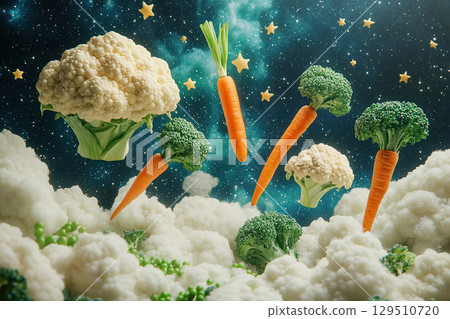 Vegetables fly across the night sky. Broccoli, carrots and peas in fluffy white clouds. 129510720