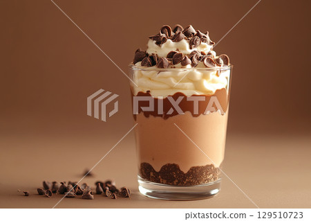Chocolate pudding with whipped cream in a glass on a beige background. Minimalistic natural style 129510723