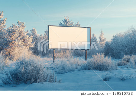 Blank white banner mockup on large billboard among trees and snow in winter. 129510728