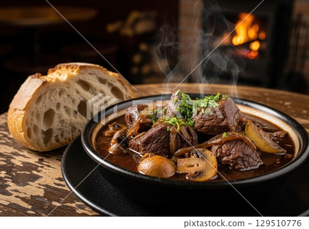 Hearty beef bourguignon stew with mushrooms and onions served with bread by a cozy fireplace 129510776