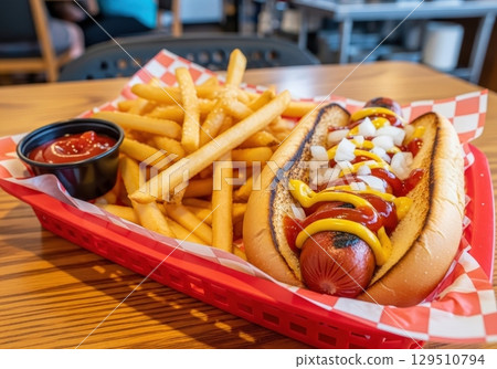 Classic grilled hot dog with ketchup, mustard and onions served with a side of french fries Classic grilled hot dog with ketchup, mustard and onions served with a side of french fries 129510794