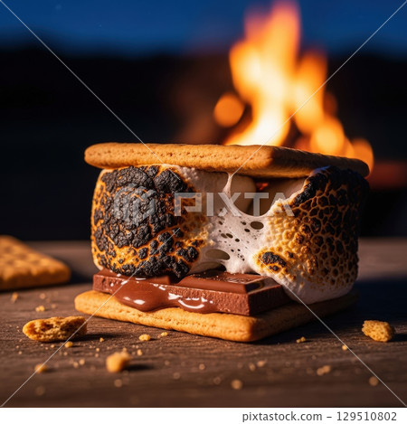 Gooey roasted s'more with melted chocolate and crackers by a campfire on a summer night 129510802