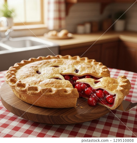 Delicious homemade cherry pie with a golden crust being served in a cozy kitchen on a wood board 129510808