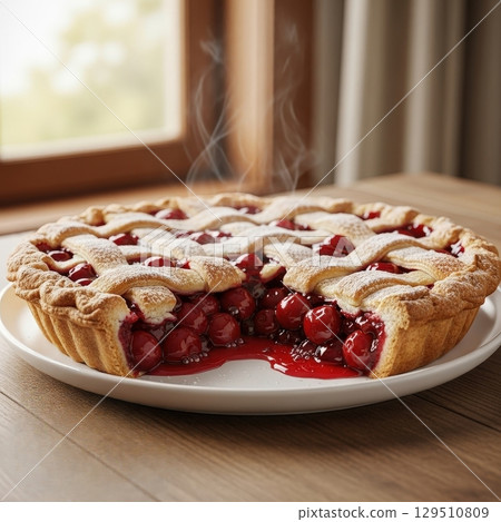 Hot homemade cherry pie with a golden lattice crust steaming on a plate in a rustic kitchen 129510809