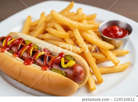 Classic grilled hot dog with ketchup mustard and pickles served with a side of french fries 129510812