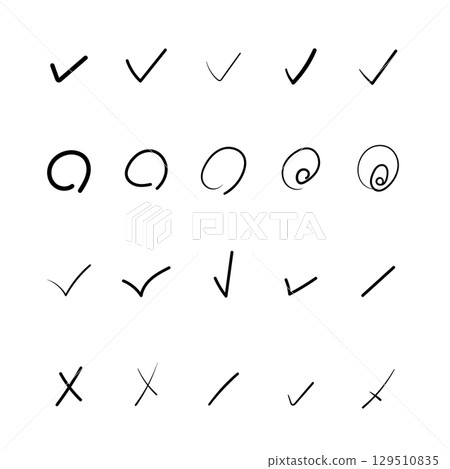 手寫的複選標記和十字圖標集：任務管理、調查等。 129510835