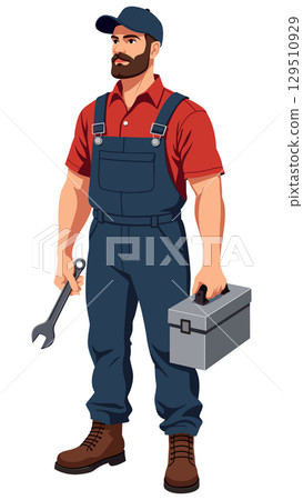 Handyman Man Holding Wrench Tool Box 129510929