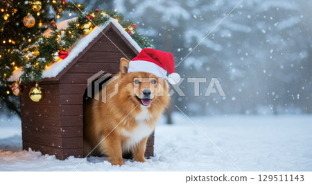A festive Pomeranian dog celebrates Christmas, wearing a Santa hat while sitting in its snowy doghouse. 129511143