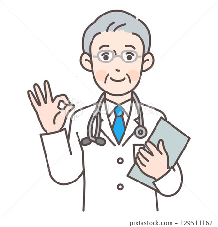 Senior male doctor giving OK sign_medical record available Senior male doctor giving OK sign_medical record available 129511162