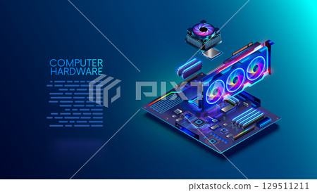 Computer parts hovered over the motherboard. Assembly, maintenance, repair of computer equipment. Composition of the motherboard, video card, processor, RAM, cooler, power supply. isometric concept. 129511211