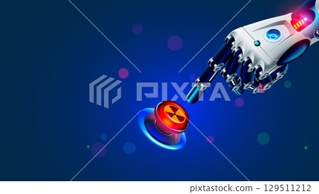 The robot hand presses the red nuclear button. A cyborg or robot presses the button to launch nuclear missiles with his index finger. AI is rebelling against humanity 129511212