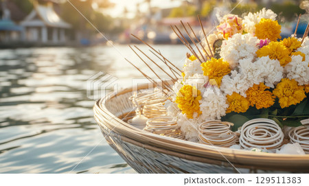 Loy Krathong festival with floating flowers and incense on water, background 129511383