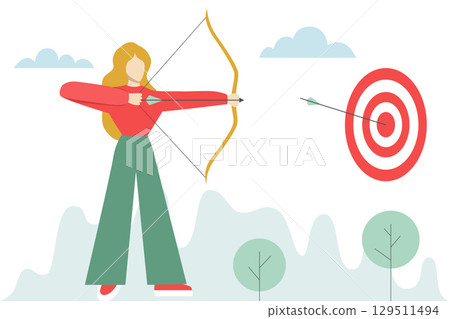 Archer Aiming Arrow at Target in Outdoor Scene 129511494