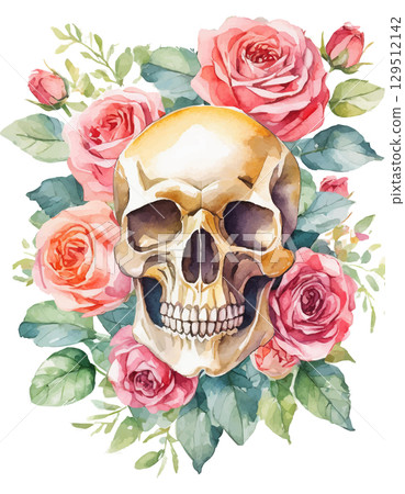 White skull in a wreath of flowers, roses, peonies, watercolor work 129512142