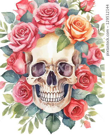 White skull in a wreath of flowers, roses, peonies, watercolor work White skull in a wreath of flowers, roses, peonies, watercolor work 129512144