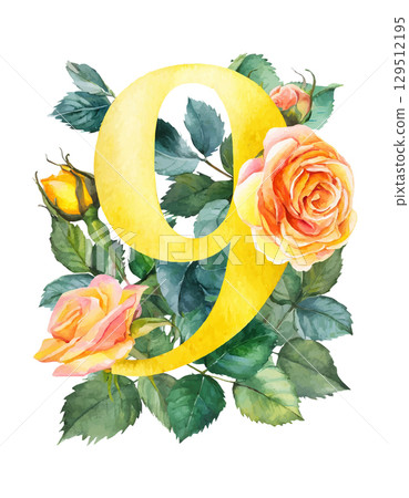 Watercolor yellow numbers 9 decorated with flowers on white isolated background. Birthday 9 years 129512195