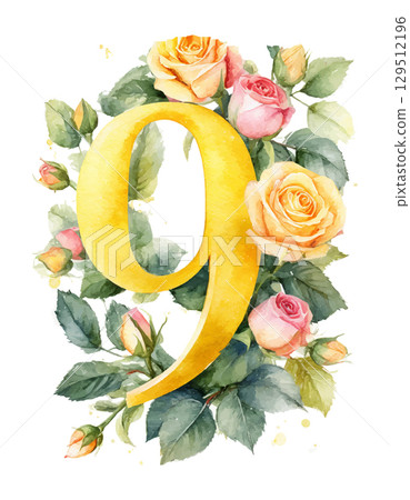Watercolor yellow numbers 9 decorated with flowers on white isolated background. Birthday 9 years 129512196