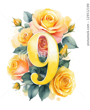 Watercolor yellow numbers 9 decorated with flowers on white isolated background. Birthday 9 years 129512199