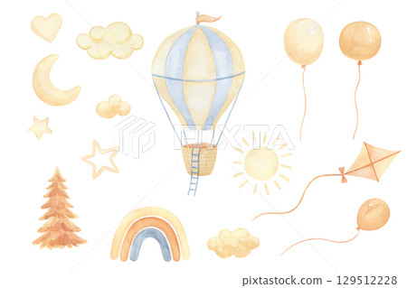 Watercolor hot air balloon, kite and rainbow. Hand drawn isolated illustration for children. Cute drawings set, clouds, sun, moon and star Watercolor hot air balloon, kite and rainbow. Hand drawn isolated illustration for children. Cute drawings set, clouds, sun, moon and star 129512228