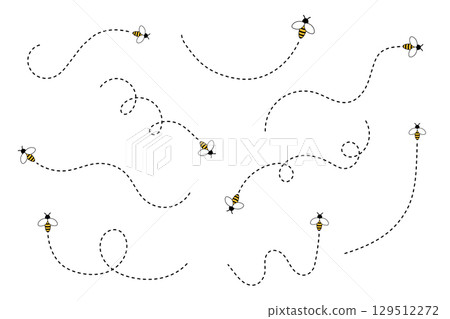 Bee on dotted route, bumblebee fly on line path on a white background. 129512272