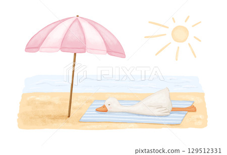 Watercolor funny cute goose in a hat and sunglasses in a lifebuoy, ready to swim in the sea. Hand drawn illustration isolated on white background for childish book and card Watercolor funny cute goose in a hat and sunglasses in a lifebuoy, ready to swim in the sea. Hand drawn illustration isolated on white background for childish book and card 129512331