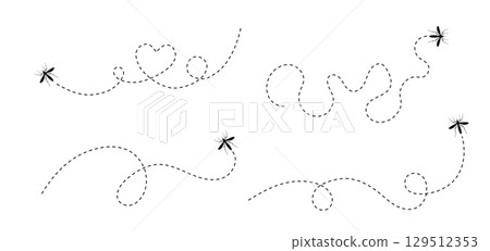 Mosquito flying on dotted route and heart. Bloodsucker insect. Vector illustrations set isolated on white background Mosquito flying on dotted route and heart. Bloodsucker insect. Vector illustrations set isolated on white background 129512353