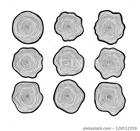 Tree ring black vector icon, simple illustrations set, wood slice with pattern Tree ring black vector icon, simple illustrations set, wood slice with pattern 129512359