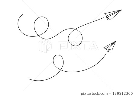 Paper plane flying with air path and vector line for flight or message travel. Aeroplane or toy jet in outline form with track, trail Paper plane flying with air path and vector line for flight or message travel. Aeroplane or toy jet in outline form with track, trail 129512360
