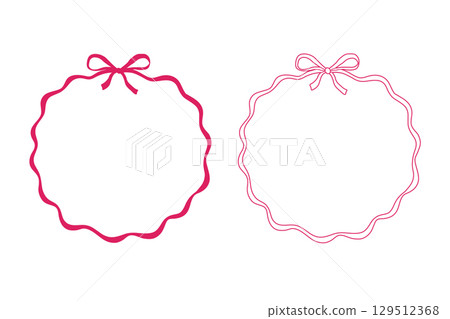 Hand drawn circle frame with bow and whimsical ribbon. Decorative pink vintage border in coquette style. Hand drawn circle frame with bow and whimsical ribbon. Decorative pink vintage border in coquette style. 129512368