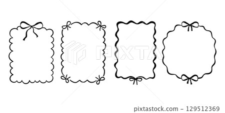 Whimsical coquette frame with ribbon and bow for party or valentine holiday card. Hand drawn line and decorative border 129512369
