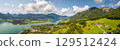 aerial view of the landscape Lake Wolfgangsee and the town of Sankt Wolfgang and Mount Schafberg, Austria 129512424