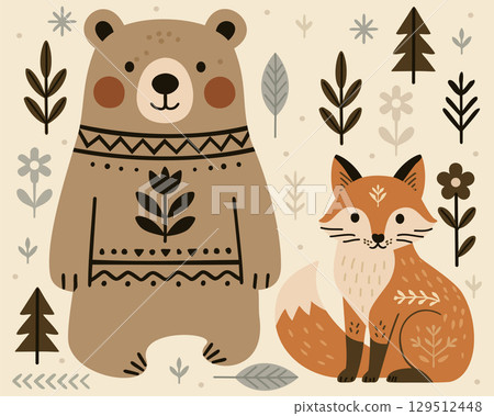Bear and fox. Cute forest animals in scandinavian style surrounded with floral design elements. Vector illustration 129512448