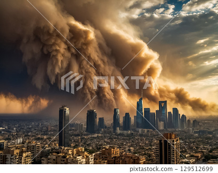 Aerial view of sandstorm approach the big city in the evening. 129512699