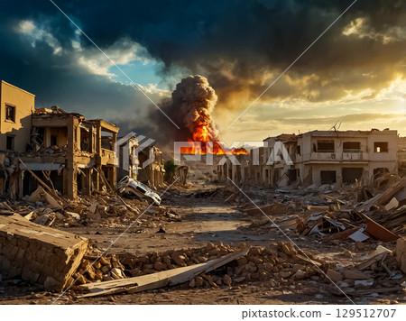 The scene of destroyed city with destroyed building and rubble after ceasefire in war zone. 129512707