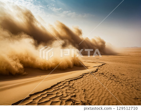 View of a vast desert is engulfed in a towering cloud of sand of a massive sandstorm in summer sunny day. 129512710