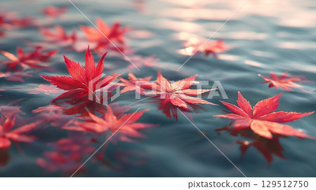Red maples floating on the water, autumn river flow and fallen leaves 129512750