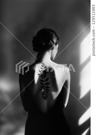 A woman with a tattoo on her back is standing in front of a window 129512865