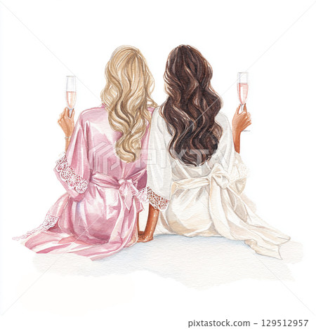 Watercolor illustration of sitting bride and bridesmaid wearing satin robes holding champagne 129512957