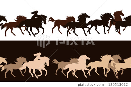 native american woman rider and wild horse herd horizontally seamless vector silhouette design 129513012