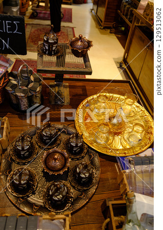 Traditional Turkish Greek Coffee and Tea Sets in a Thessaloniki Shop Traditional Turkish Greek Coffee and Tea Sets in a Thessaloniki Shop 129513062