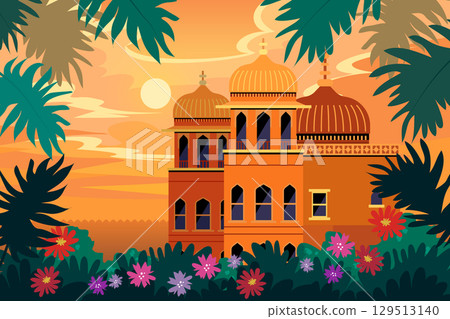 Flat Design Illustrations of Indian Urban Life Composition 129513140