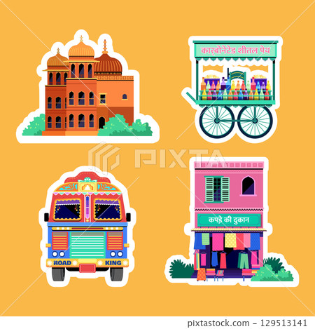 Hand-Drawn Flat Design for Indian Travel and Tourism Sticker Collection 129513141